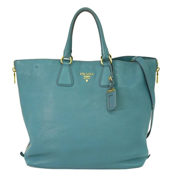 PRADA Leather 2way Tote Handbag Blue Gold - Picture 1 of 10